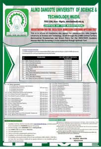Aliko Dangote University Of Science And Technology, Wudil Now Begin Sales Of 2023/2024 Post UTME/DE Registration Form