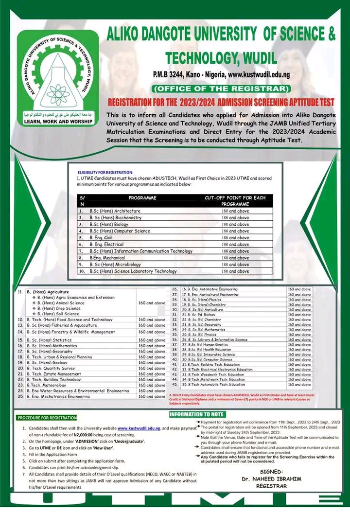 Aliko Dangote University Of Science And Technology, Wudil Now Begin Sales Of 2023/2024 Post UTME/DE Registration Form