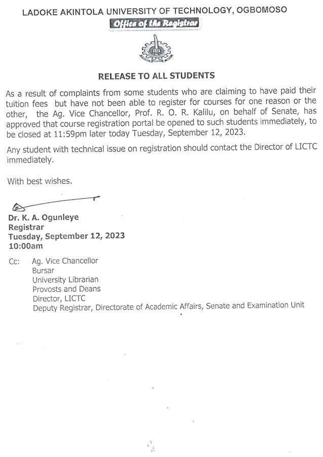 LAUTECH Announced The Re-open Of Course Registration Portal