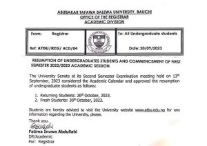 ABUBAKAR TAFAWA BALEWA UNIVERSITY, BAUCHI [ATBU] ANNOUNCES RESUMPTION DATE FOR THE 2022/2023 ACADEMIC SESSION