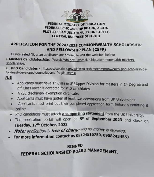 APPLICATION FOR THE 2024/2025 COMMONWEALTH SCHOLARSHIP AND FELLOWSHIP PLAN (CSFP)