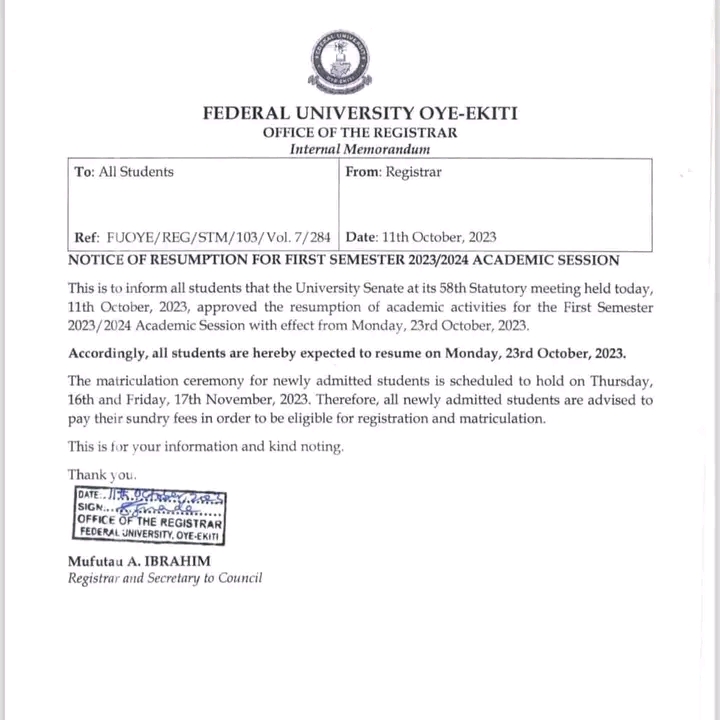 FEDERAL UNIVERSITY OYE-EKITI (FUOYE) ANNOUNCES FIRST SEMESTER RESUMPTION DATE FOR THE 2023/2024 ACADEMIC SESSION