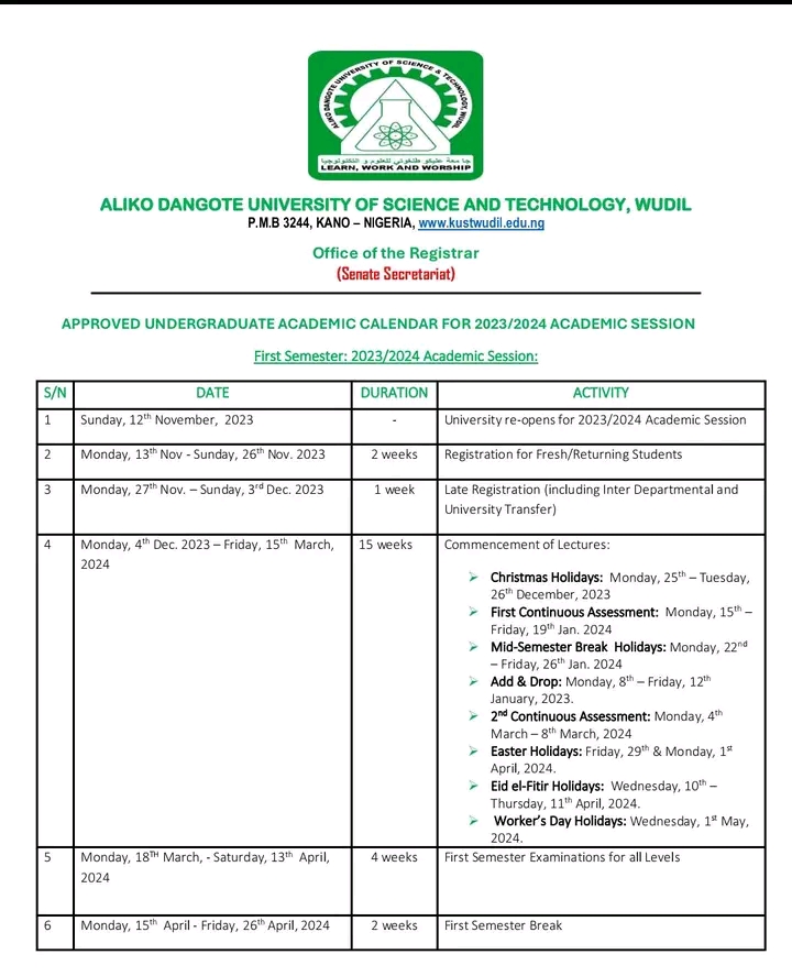 Aliko Dangote University Of Science And Technology Release Undergraduate Approved Academic Calendar
