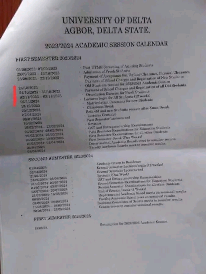 UNIVERSITY OF DELTA, RELEASES ACADEMIC CALENDAR FOR THE 2023/2024 ACADEMIC SESSION