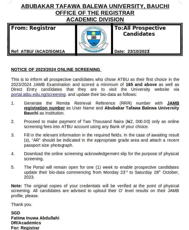 ABUBAKAR TAFAWA BALEWA UNIVERSITY, BAUCHI [ATBU] RELEASES ADMISSION SCREENING FORM FOR THE 2023/2024 ACADEMIC SESSION