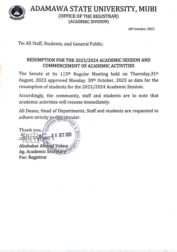 ADAMAWA STATE UNIVERSITY ANNOUNCES RESUMPTION DATE FOR 2023/24 ACADEMIC SESSION