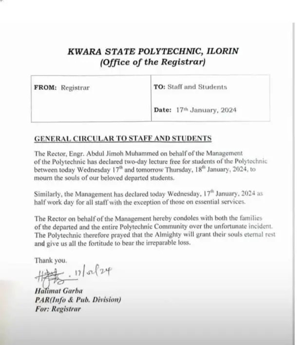 KWARAPOLY DECLARES LECTURE FREE DAY OVER DEMISE OF STUDENT
