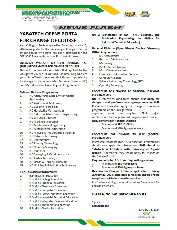 YABATECH ISSUES IMPORTANT NOTICE ON CHANGE OF COURSE PROGRAMME FOR THE 2023/2024 ACADEMIC SESSION