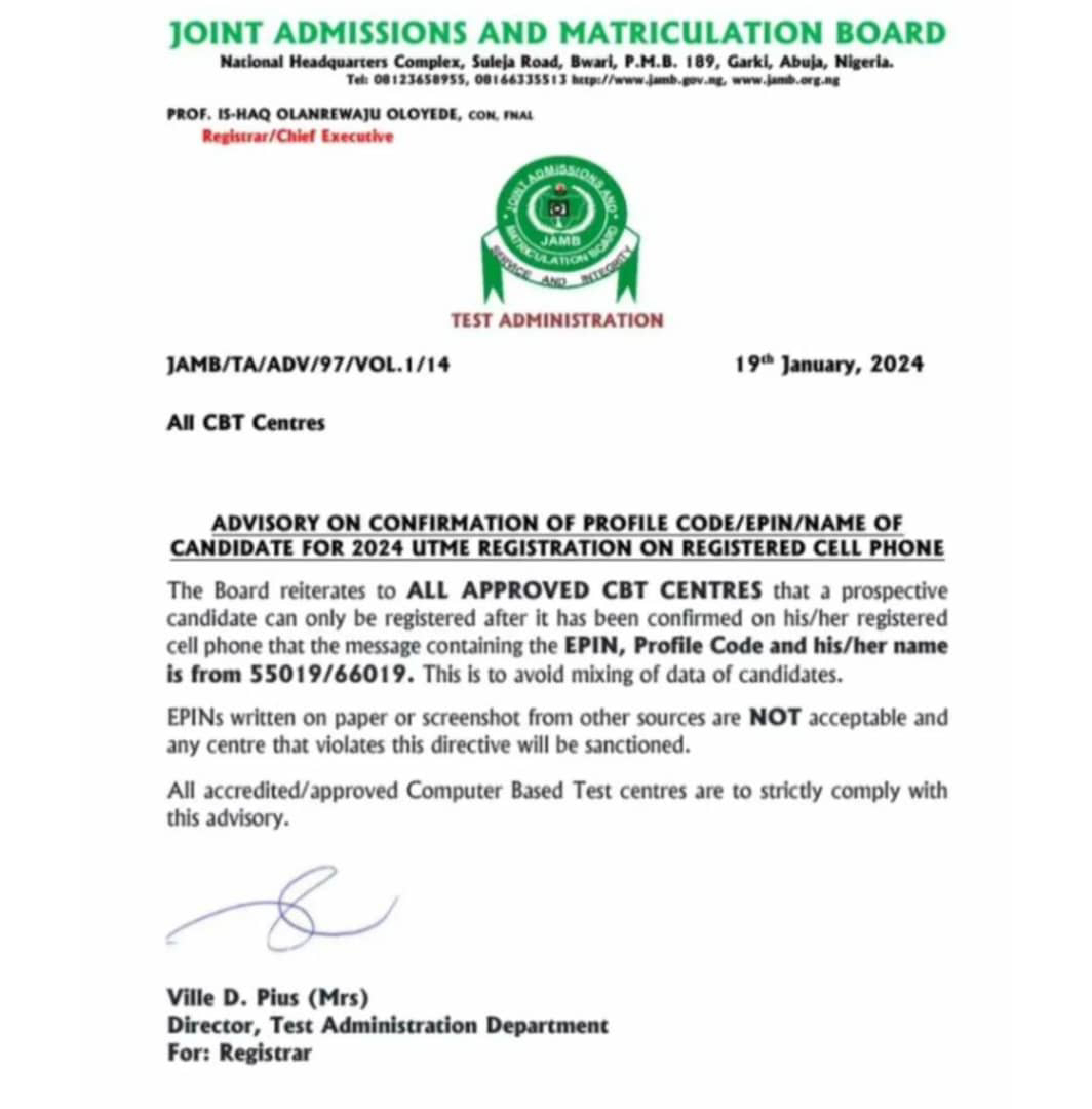UTME 2024:JAMB ISSUES IMPORTANT NOTICE TO CANDIDATES