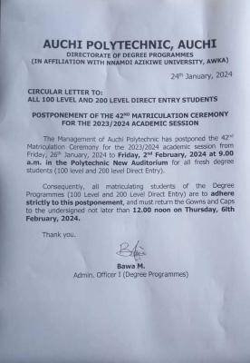 AUCHI POLYTECHNIC POSTPONES 42ND MATRICULATION CEREMONY