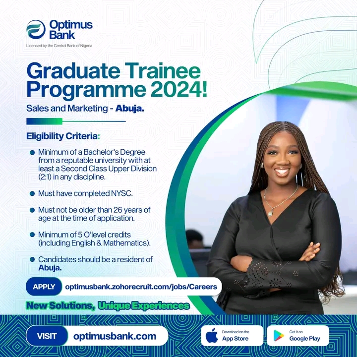 Optimus Bank 2024 Graduate Trainee Sales and Marketing Program for young Nigerian graduates