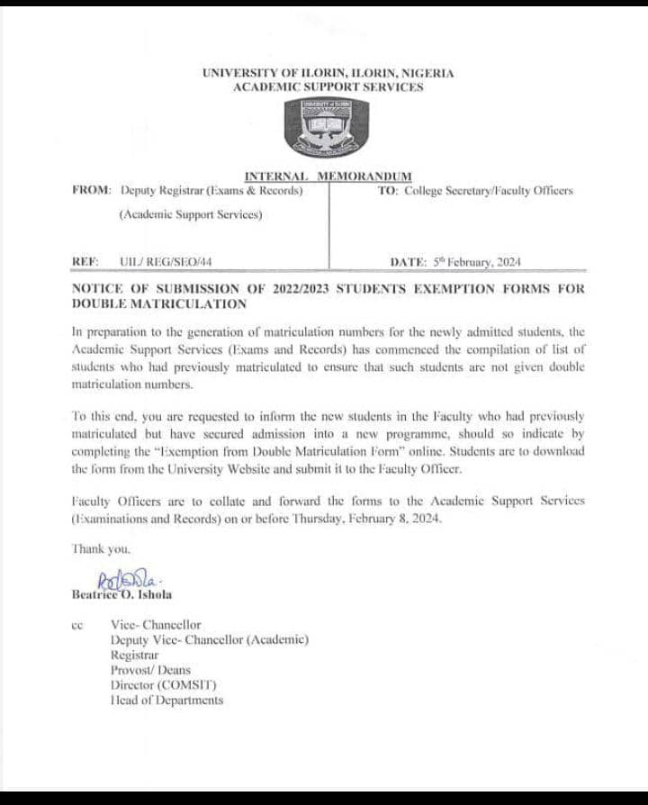 MATRICULATION: UNILORIN ISSUES IMPORTANT NOTICE TO STUDENTS ON SUBMISSION OF EXEMPTION FORMS