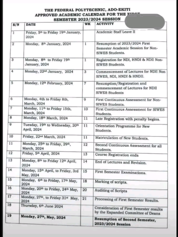 THE FEDERAL POLYTECHNIC, ADO-EKITI RELEASES 2023/2024 ACADEMIC CALENDAR