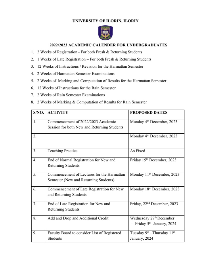UNILORIN RELEASES NEW ACADEMIC CALENDAR, FIXES RESUMPTION DATE FOR RAIN SEMESTER