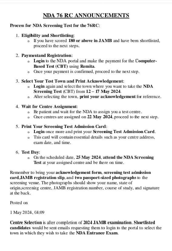 NDA ANNOUNCES 76RC SCREENING DATE FOR 2024/2025 ACADEMIC SESSION