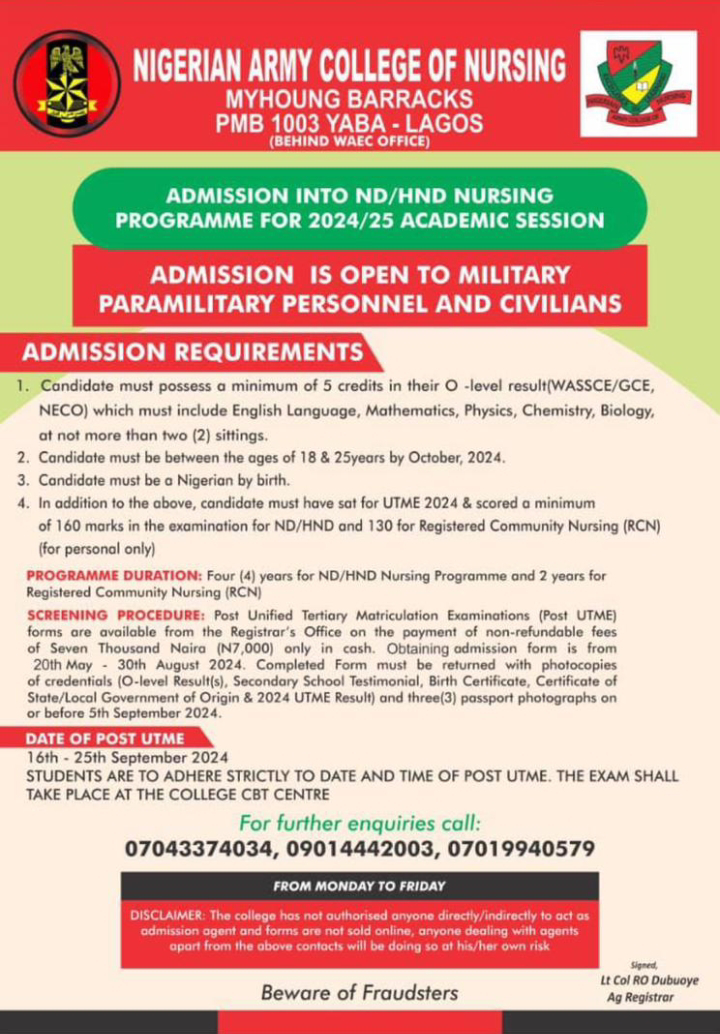 NIGERIAN ARMY COLLEGE OF NURSING, YABA RELEASES 2024/25 ADMISSION FORM