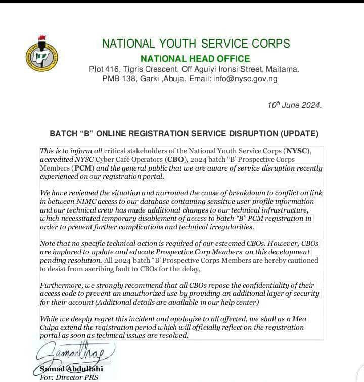 NYSC ISSUES IMPORTANT NOTICE ON 2024 BATCH "B" STREAM 1 ONLINE REGISTRATION SERVICE DISRUPTION