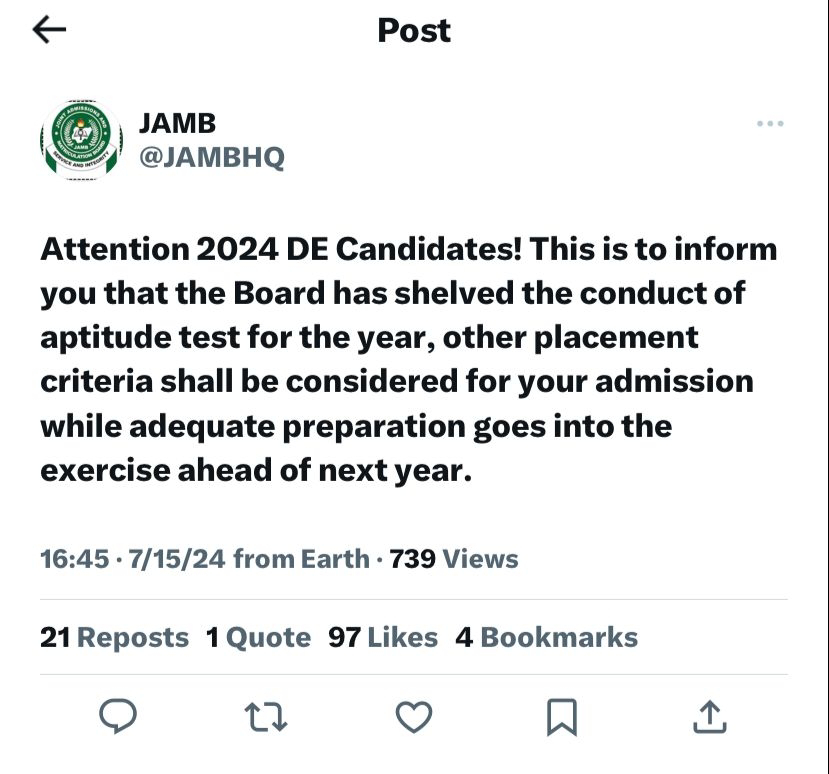 JAMB MAKES U-TURN, CANCELS APTITUDE TEST FOR DIRECT ENTRY CANDIDATES