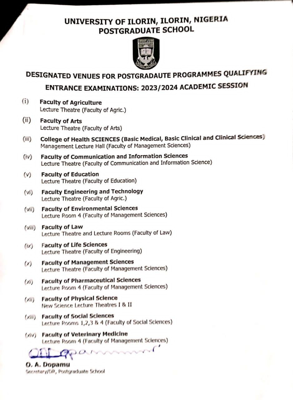 UNILORIN ISSUES IMPORTANT NOTICE TO 2023/2024 POSTGRADUATE APPLICANTS