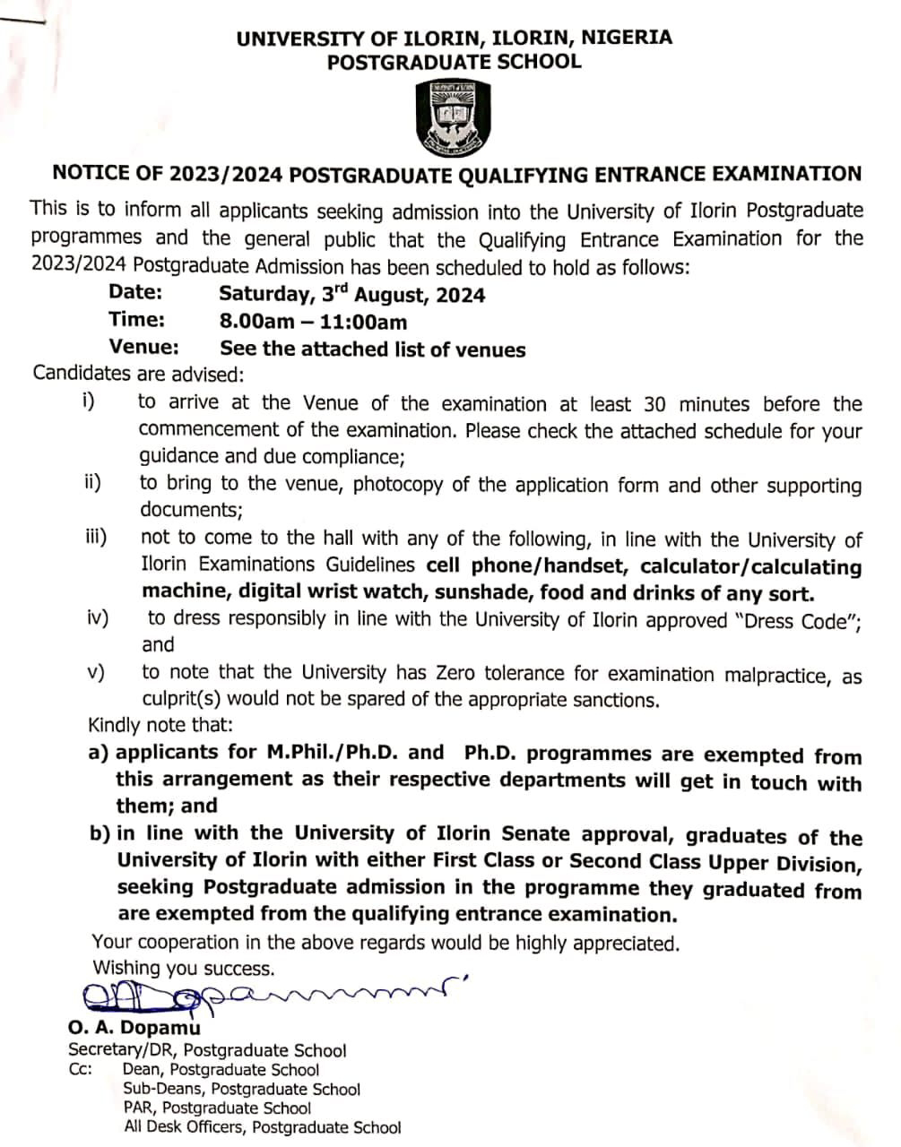 UNILORIN ISSUES IMPORTANT NOTICE TO 2023/2024 POSTGRADUATE APPLICANTS