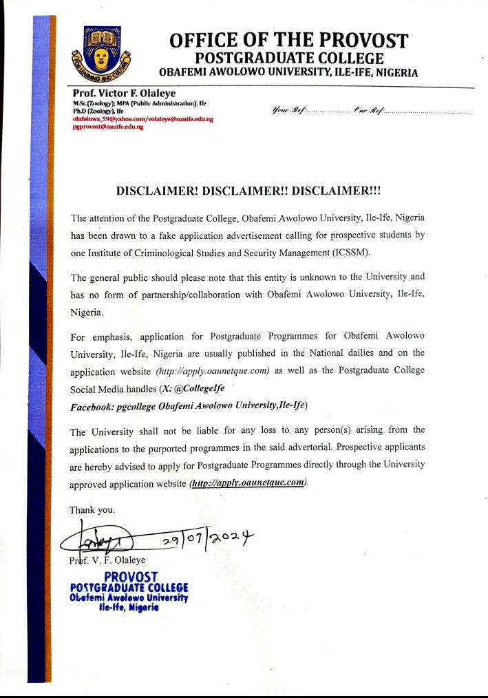 OAU ISSUES DISCLAIMER OVER FAKE ADVERTISEMENT