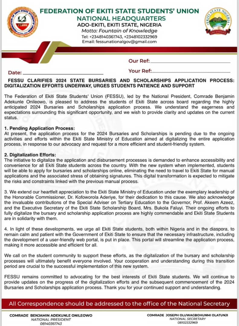 FESSU CLARIFIES 2024 STATE BURSARIES AND SCHOLARSHIPS APPLICATION PROCESS: DIGITALIZATION EFFORTS UNDERWAY, URGES STUDENTS PATIENCE AND SUPPORT