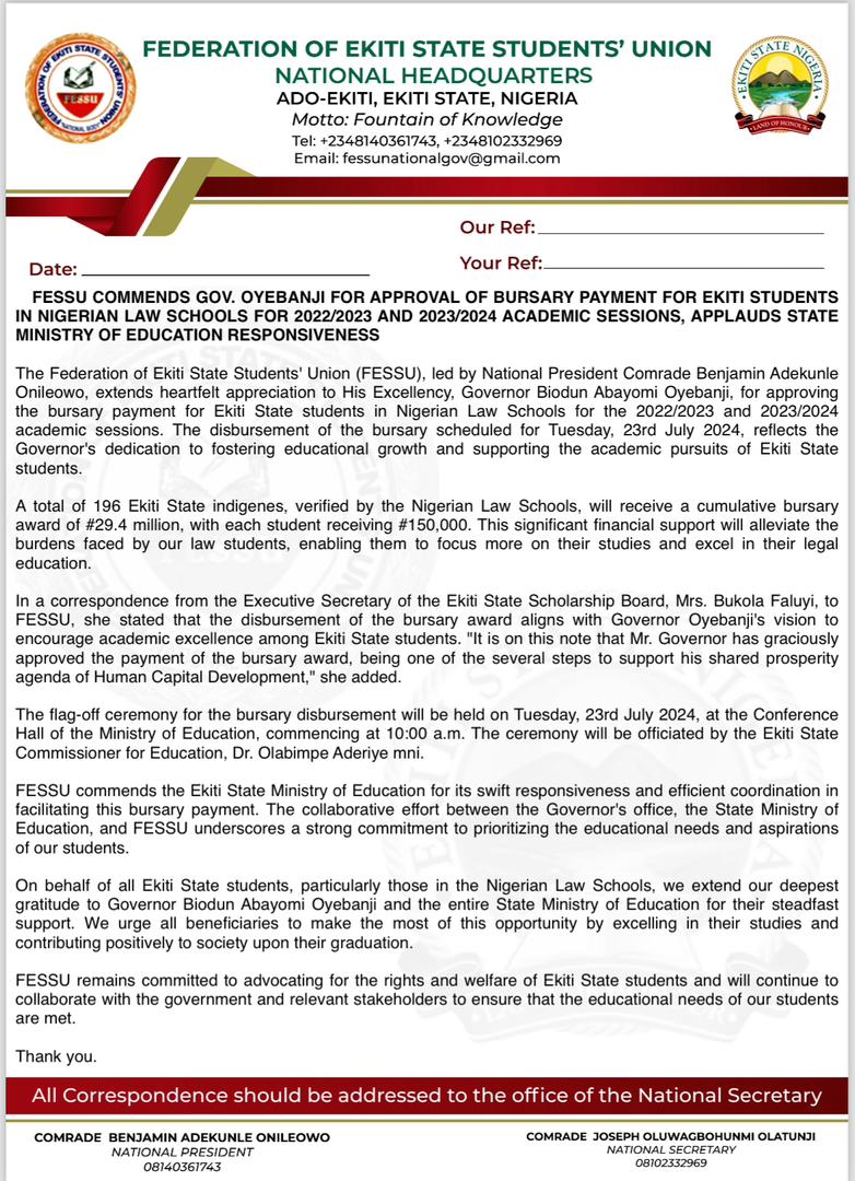 FESSU COMMENDS GOV. OYEBANJI FOR APPROVAL OF BURSARY PAYMENT FOR EKITI STUDENTS IN NIGERIAN LAW SCHOOLS FOR 2022/2023 AND 2023/2024 ACADEMIC SESSIONS, APPLAUDS STATE MINISTRY OF EDUCATION RESPONSIVENESS