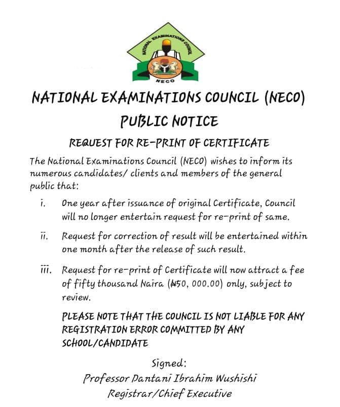 CERTIFICATE REPRINTING NOW ATTRACTS #50,000 NAIRA, NECO SAYS