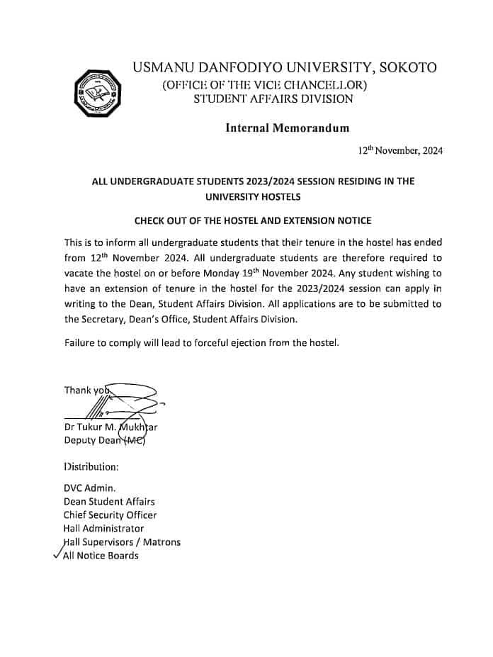 UDUS ISSUES IMPORTANT NOTICE ON VACATION OF HOSTEL