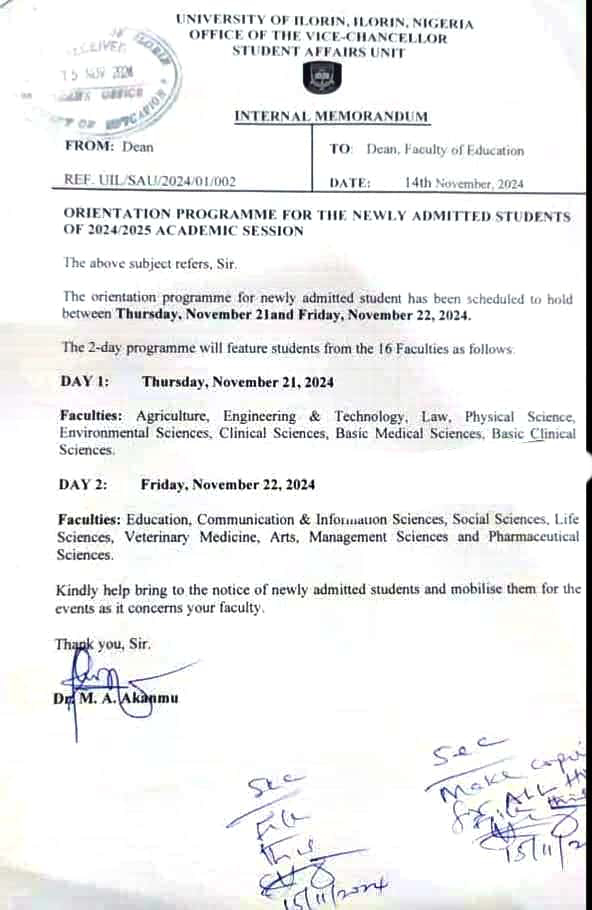 UNILORIN SCHEDULES ORIENTATION PROGRAMME FOR 2024/2025 FRESH STUDENTS