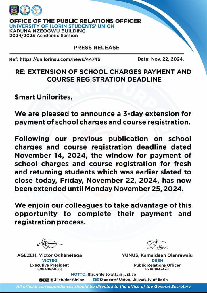 AGAIN, UNILORIN EXTENDS DEADLINE FOR SCHOOL FEES PAYMENT, COURSE REGISTRATION,OTHERS