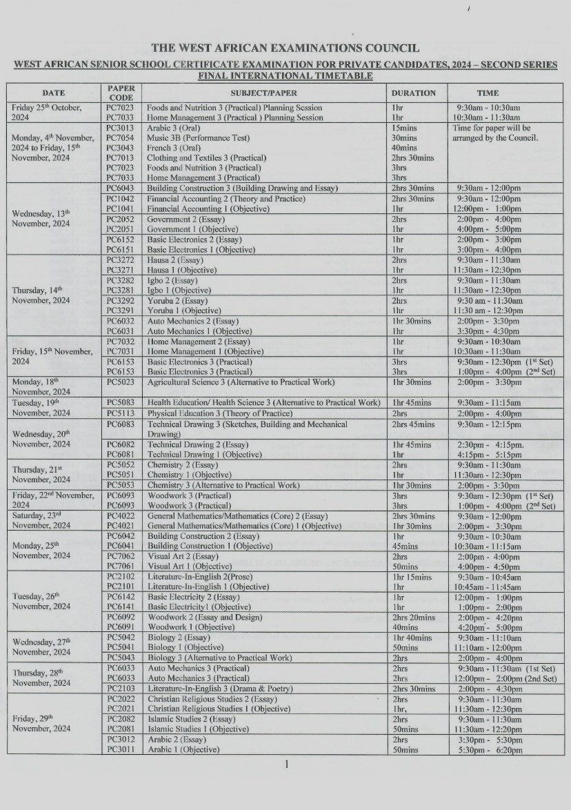 Waec timetable