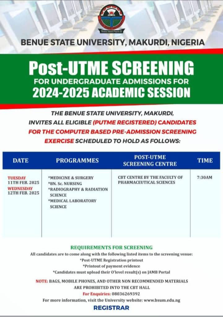 BENUE STATE UNIVERSITY, MAKURDI SCHEDULES POST-UTME SCREENING FOR 2024/2025 ADMISSION EXERCISE