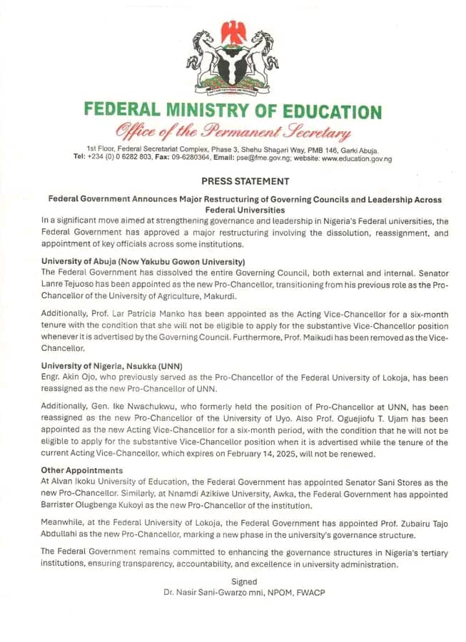 PRESIDENT TINUBU ANNOUNCES LEADERSHIP OVERHAUL AT FEDERAL UNIVERSITIES