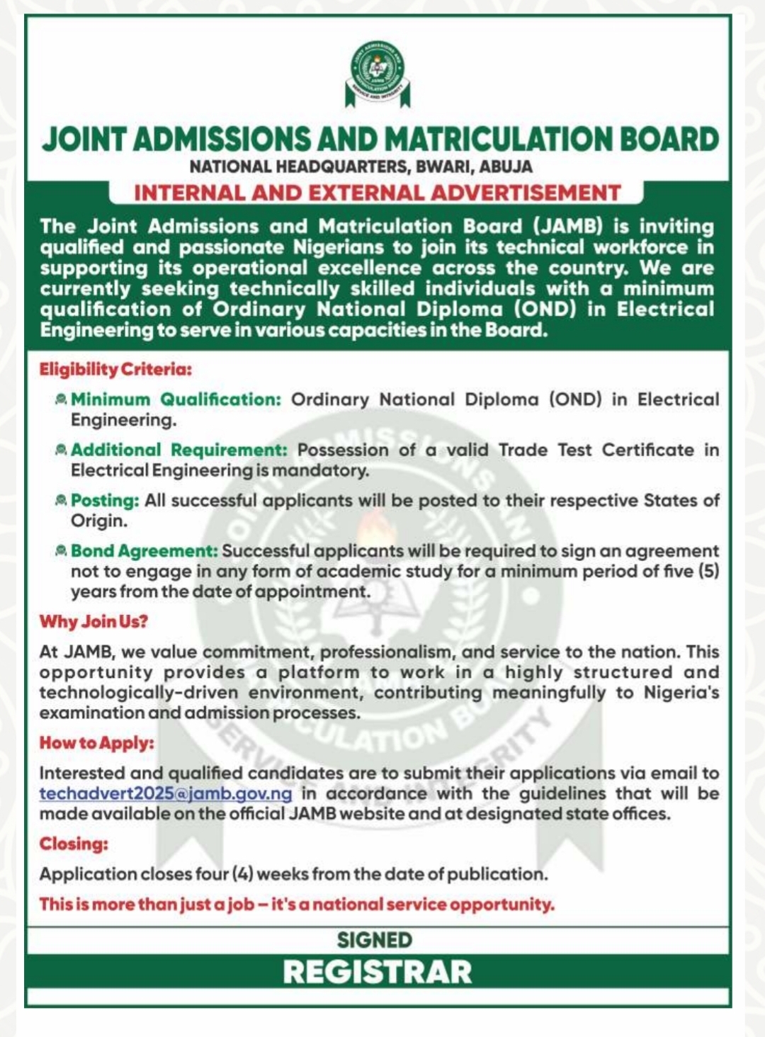 JAMB ANNOUNCES JOB APPLICATION INTO ITS TECHNICAL WORKFORCE