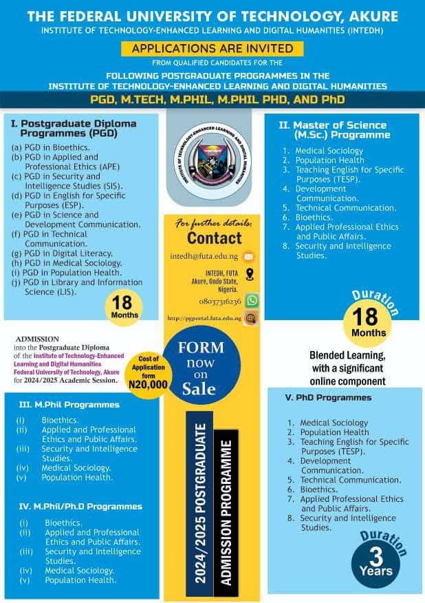 FUTA RELEASES POSTGRADUATE ADMISSION FORMS, 2024/25 ACADEMIC SESSION