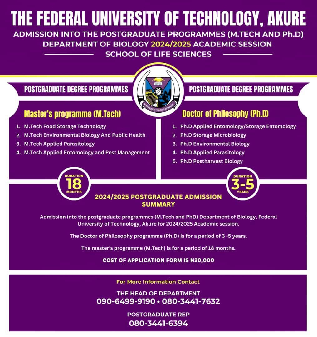 FUTA RELEASES POSTGRADUATE ADMISSION FORMS, 2024/25 ACADEMIC SESSION
