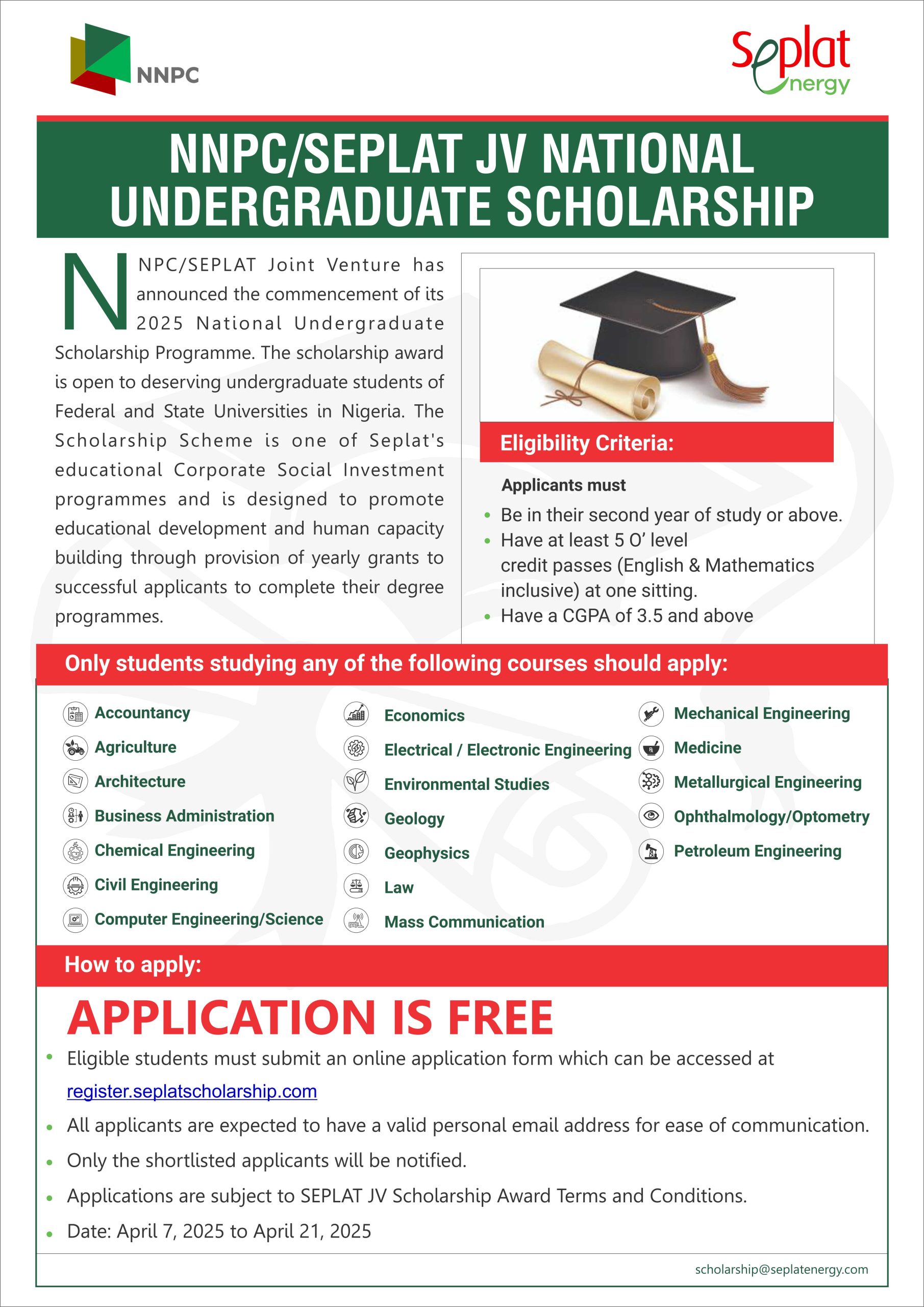 NNPC/SEPLAT JV Undergraduate Scholarships 2025/2026