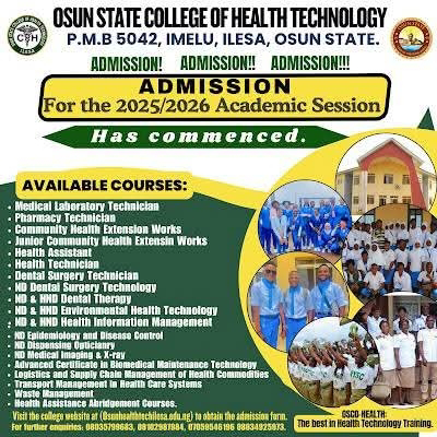 OSUN STATE COLLEGE OF HEALTH TECHNOLOGY, ILESA RELEASES ADMISSION FORM, 2025/26 ACADEMIC SESSION