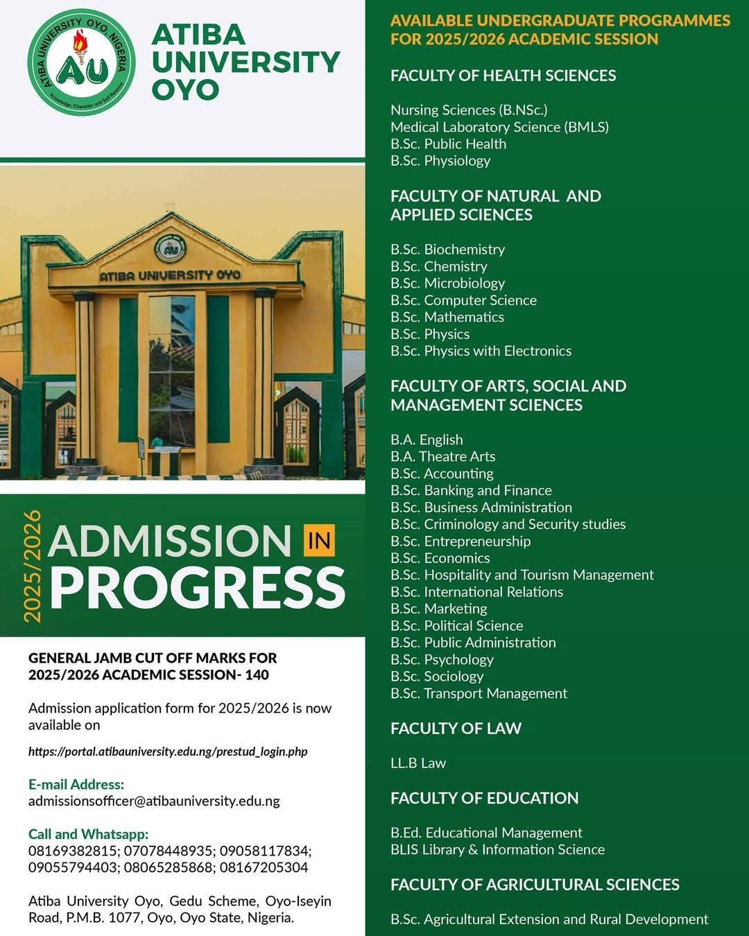 ATIBA UNIVERSITY, OYO RELEASES ADMISSION FORM FOR 2025/2026 ACADEMIC SESSION
