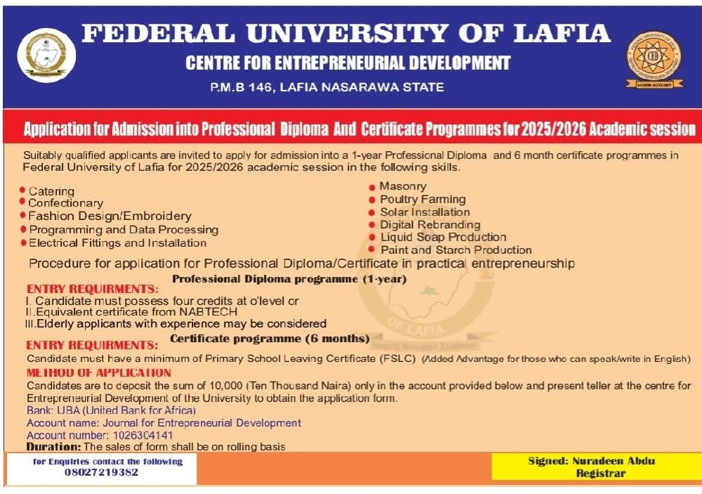 FULAFIA ANNOUNCES ADMISSION APPLICATION INTO PROFESSIONAL DIPLOMA & CERTIFICATE PROGRAMMES, 2025/26 ACADEMIC SESSION