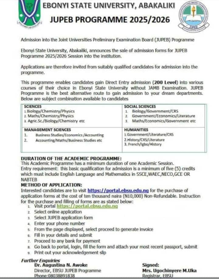 EBONYI STATE UNIVERSITY, ABAKALIKI BEGINS SALES OF 2025/2026 JUPEB ADMISSION FORM