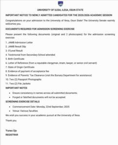 UNILESA ISSUES IMPORTANT NOTICE TO ALL NEWLY ADMITTED STUDENTS, 2025/2026 ACADEMIC SESSION