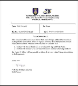 UNIVERSITY OF ILORIN ISSUES IMPORTANT NOTICE TO ALL STUDENTS